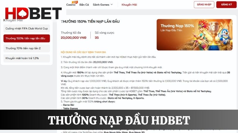 thưởng nạp đầu HDBET